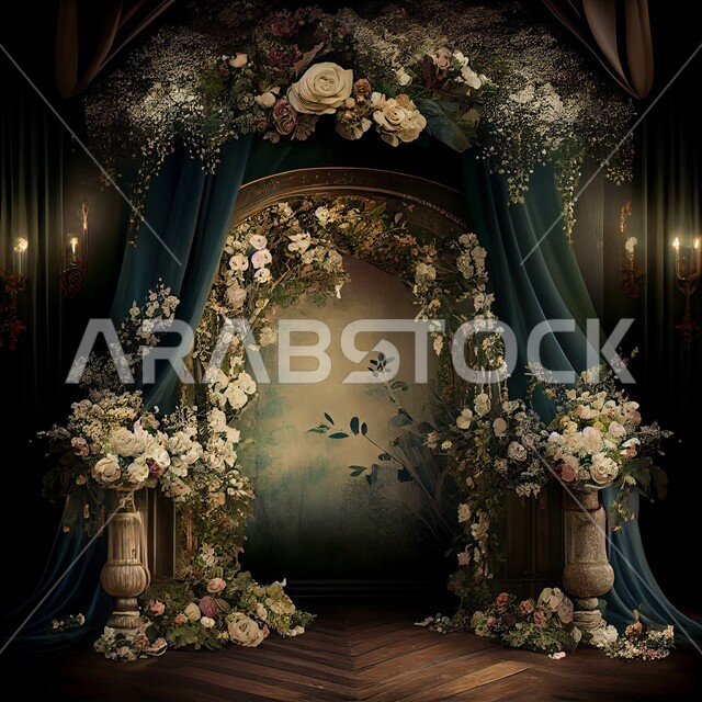 ازهار وورد الزينة في صالات الأعراس والزواج، قاعة ومنصة عرض افراح زواج بتصاميم فاخرة، كوش افراح بتصاميم وديكورات جذابة، احتفالات ومناسبات سعيدة، خلفية ازهار وورد العرس