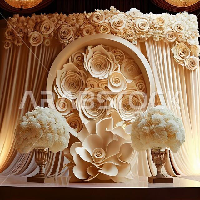 ازهار وورد الزينة في صالات الأعراس والزواج، قاعة ومنصة عرض افراح زواج بتصاميم فاخرة، كوش افراح بتصاميم وديكورات جذابة، احتفالات ومناسبات سعيدة، خلفية ازهار وورد العرس