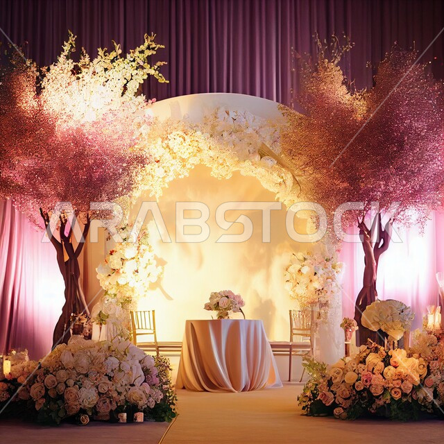 كوش ومنصة عرض افراح زواج بتصاميم فاخرة، خلفية ازهار وورد الزفاف، قاعة زفاف بتصاميم وديكورات جذابة، ازهار وورد الزينة في صالات الأعراس والزواج، احتفالات ومناسبات سعيدة