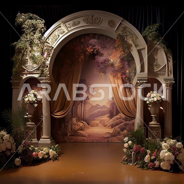 قاعة ومنصة عرض افراح زواج بتصاميم فاخرة، كوش زفاف بتصاميم وديكورات جذابة، ازهار وورد الزينة في صالات الأعراس والزواج، احتفالات ومناسبات سعيدة، خلفية ازهار وورد العرس