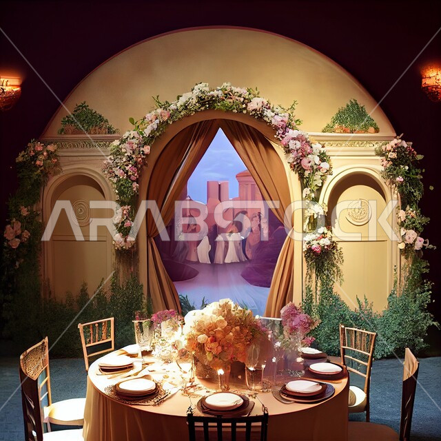 غرفة طعام بتصاميم وديكورات جذابة، قاعة ومنصة عرض افراح زواج بتصاميم فاخرة، مائدة طعام مليئة بالاطباق، ازهار وورد الزينة في صالات الأعراس والزواج، كوش زفاف واحتفالات ومناسبات سعيدة، ازهار وورد العرس