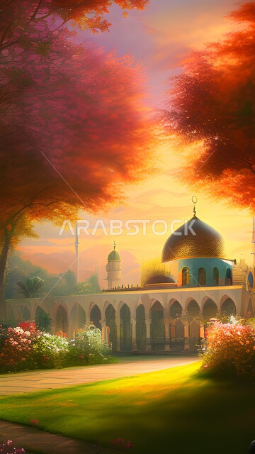 A 3D image of a mosque with creative designs and decorations, green trees and plants, Islamic architectural art, Islamic religious places