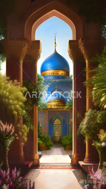 A 3D image of a mosque with creative designs and decorations, green trees and plants, Islamic architectural art, Islamic religious places