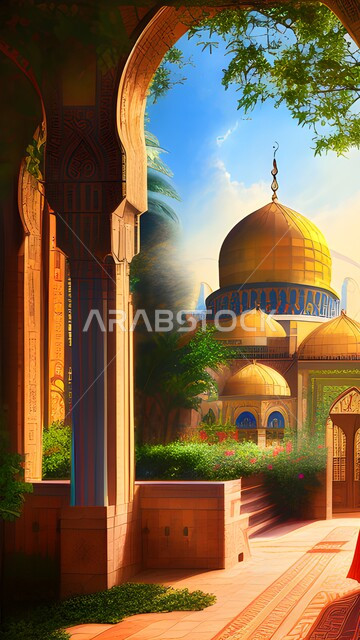 Three-dimensional mosque with creative designs, green trees and plants, Islamic architectural art, Islamic religious places