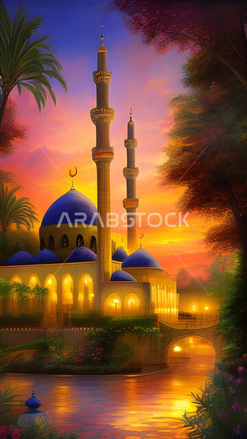 صورة ثلاثية الابعاد لمسجد مضيء، الاشجار والنباتات الخضراء، تصاميم وديكورات اسلامية، الفن الهندسي المعماري الاسلامي، اماكن دينية اسلامية