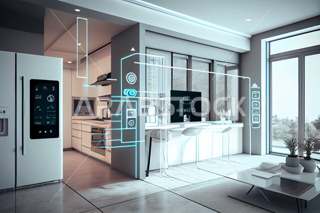 The use of artificial intelligence in homes, modern modern designs for a smart home, luxurious modern designs, an electronic screen with a set of modern icons, future technology