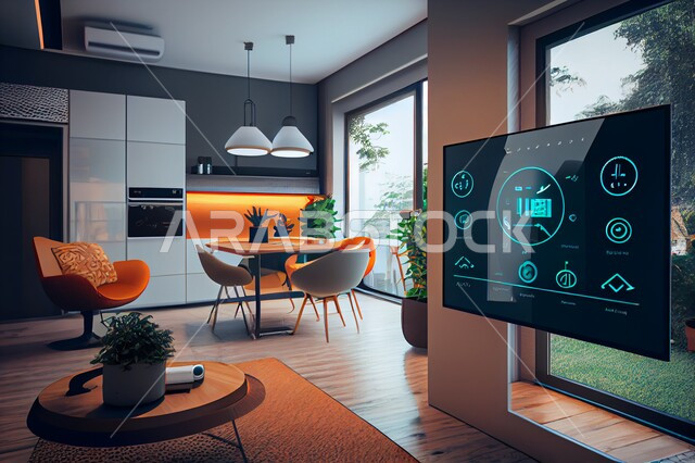 شاشة الكترونية مع مجموعة من الايقونات الحديثة، تصاميم عصرية حديثة لمنزل ذكي، استخدام الذكاء الاصطناعي في المنازل، تصاميم عصرية فاخرة، تكنولوجيا المستقبل