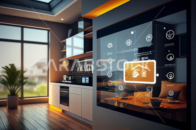 تصاميم عصرية حديثة لمنزل ذكي، استخدام الذكاء الاصطناعي في المنازل، تصاميم عصرية فاخرة، شاشة الكترونية مع مجموعة من الايقونات الحديثة، تكنولوجيا المستقبل