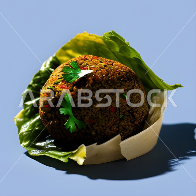 طبق من اقراص الفلافل اللذيذ مع البقدونس، حبات الفلافل الطازجة، وجبة الفطور الصباحي، مأكولات عربية شرقية، خلفية زرقاء