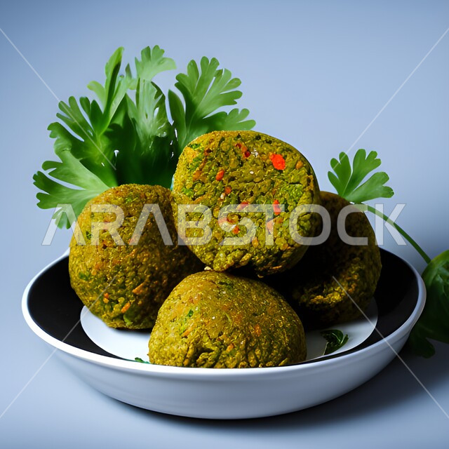 طبق من اقراص الفلافل اللذيذ مع البقدونس، حبات الفلافل الطازجة، وجبة الفطور الصباحي، مأكولات عربية شرقية، خلفية زرقاء