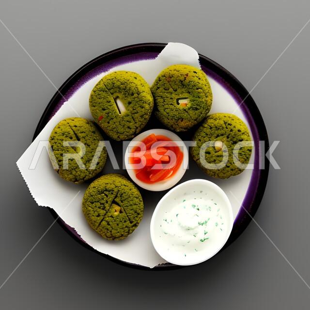 طبق من اقراص الفلافل مع اطباق المقبلات، حبات الفلافل اللذيذ، وجبة الفطور الصباحي، مأكولات عربية شرقية، خلفية رمادية
