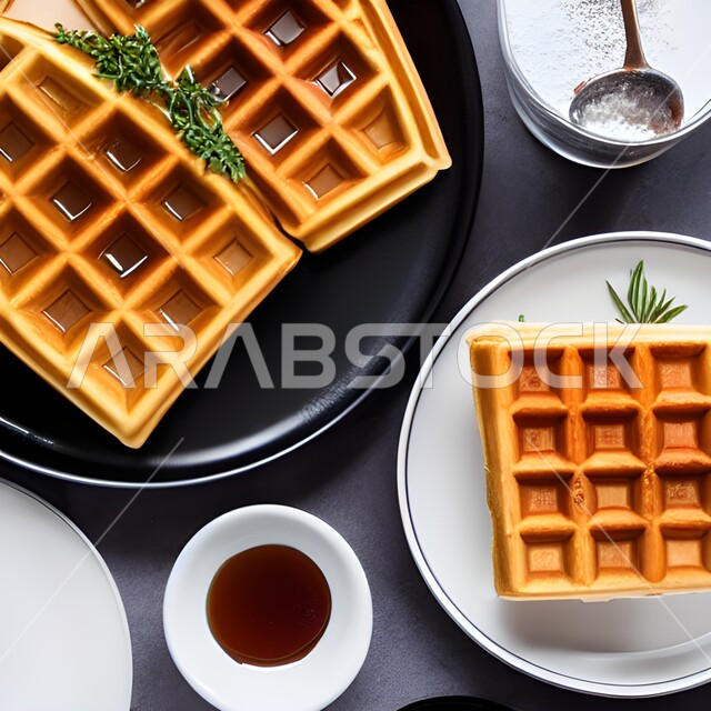 صورة مقربة لطبق الوافل اللذيذ مع كوب الشاي الساخن، حلا شرقي مع مشروب الشاي، حلويات وسكريات، قطع الحلوى الشهية، حلويات باردة لذيذة، مشروبات ساخنة