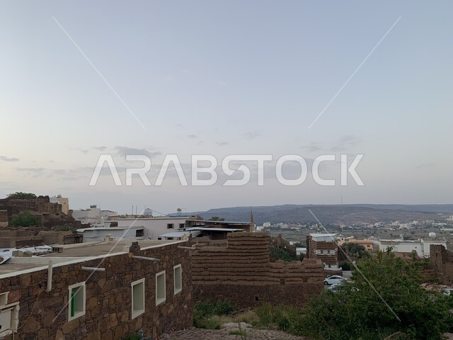 Ancient historical monuments in Abha, Asir, Saudi Arabia, green trees and plants, traditional mud houses, historical villages and cities, old Abha houses, ancient Arab architecture