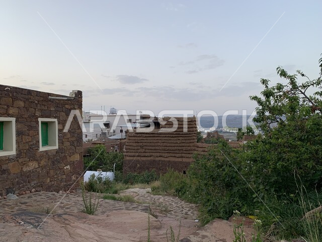 Ancient historical monuments in Abha, Asir, Saudi Arabia, green trees and plants, traditional mud houses, historical villages and cities, old Abha houses, ancient Arab architecture