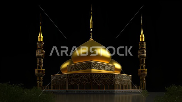 زخرفات اسلامية, مآذن مزخرفة, مجسم ثلاثي الابعاد لمسجد مضيء, ديكورات اسلامية، ثري دي, تصاميم اسلامية، مجسمات اسلامية متوهجة,  ديكورات رمضانية، خلفية رمضانية، خلفية سوداء