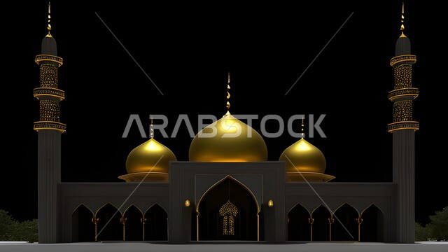 تصاميم اسلامية, مآذن مزخرفة, مجسم ثلاثي الابعاد لمسجد مضيء, ديكورات اسلامية، ثري دي, مجسمات اسلامية متوهجة، زخرفات اسلامية,  ديكورات رمضانية، خلفية رمضانية، خلفية سوداء