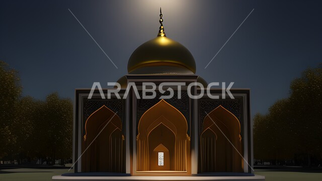 مجسم ثلاثي الابعاد لمسجد مضيء في الليل , ديكورات اسلامية، أجواء رمضانية, ثري دي, تصاميم اسلامية، مجسمات اسلامية متوهجة، زخرفات اسلامية,  ديكورات رمضانية، خلفية رمضانية، خلفية الطبيعة .