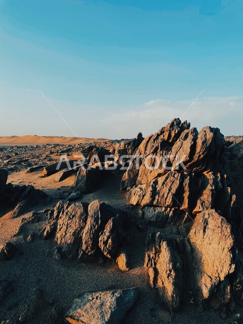 Close-up of rock formations in the desert of Saudi Arabia, sand dunes, archaeological attractions, desert nature during the day, mountain stones and rocks, nature background.