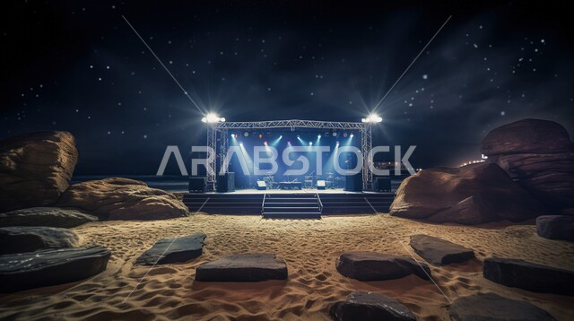 منصة اراعرض المسرحيات والحفلات الموسيقيه ، مهرجانات واحتفالات في الاراضي الصحراويه ، منظر الصحراء والرمال الناعمه في الليل ، خلفية السماء المرصعه بالنجوم