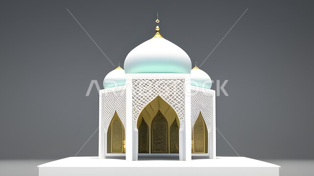 رسم توضيحي  لمجسم ثلاثي الابعاد لمسجد، ثري دي, تصاميم اسلامية، فن هندسي معماري, مجسمات اسلامية، زخرفات اسلامية,  ديكورات رمضانية، خلفية رمضانية، أجواء رمضانية, ديكورات اسلامية, خلفية رمادية.
