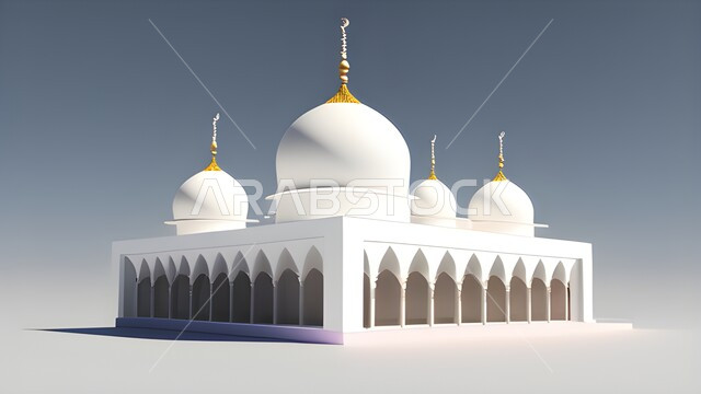 Islamic decorations, illustration of a 3D model of a mosque, 3D, Islamic designs, architectural engineering art, Islamic figures, Ramadan decorations, Ramadan background, Ramadan atmosphere, Islamic decorations, gray background.