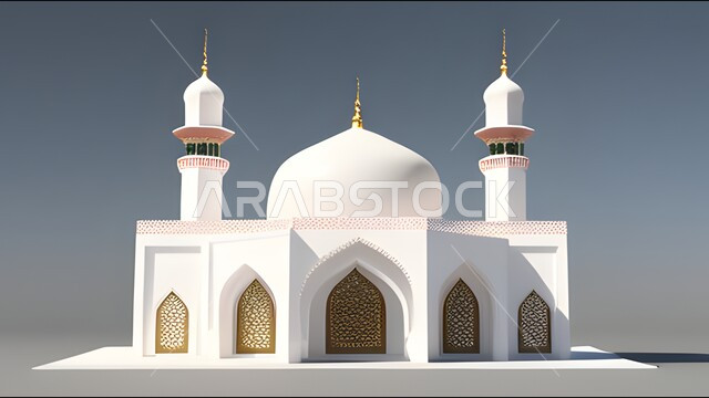 ديكورات اسلامية, رسم توضيحي  لمجسم ثلاثي الابعاد لمسجد، ثري دي, تصاميم اسلامية، فن هندسي معماري, مجسمات اسلامية، زخرفات اسلامية,  ديكورات رمضانية، خلفية رمضانية، أجواء رمضانية, خلفية رمادية.