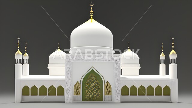 مجسمات اسلامية, رسم توضيحي  لمجسم ثلاثي الابعاد لمسجد، ثري دي, تصاميم اسلامية، فن هندسي معماري، زخرفات اسلامية,  ديكورات رمضانية، خلفية رمضانية، أجواء رمضانية, ديكورات اسلامية, خلفية رمادية .