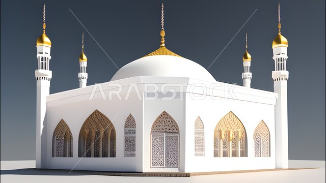 Ramadan atmosphere, illustration of a 3D model of a mosque, 3D, Islamic designs, architectural engineering art, Islamic figures, Islamic decorations, Ramadan decorations, Ramadan background, Islamic decorations, gray background.