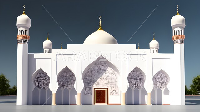 Illustration of a 3D model of a mosque, 3D, Islamic designs, architectural art, Islamic figures, Islamic decorations, Ramadan decorations, Ramadan background, Ramadan atmosphere, Islamic decorations, nature background.