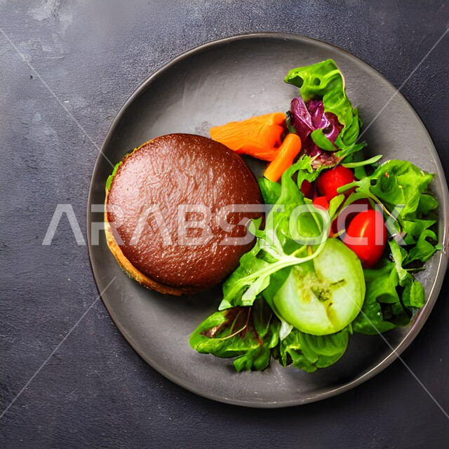 صورة من الاعلى لساندوتش البرجر مع بعض الخضار على طبق اسود، وجبة غذائية شهية ، تقديم الوجبات السريعة، وجبة الهمبرجر اللذيذة، مطاعم ومأكولات, خلفية سوداء