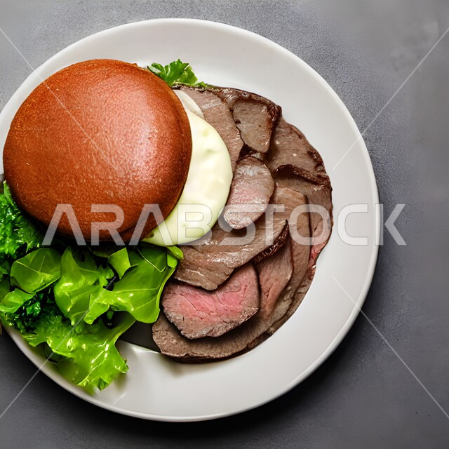 صورة من الاعلى لساندوتش البرجر مع قطع اللحم الطازج وبعض الخضار على طبق ابيض، وجبة غذائية شهية ، تقديم الوجبات السريعة، وجبة الهمبرجر اللذيذة، مطاعم ومأكولات, خلفية رمادية