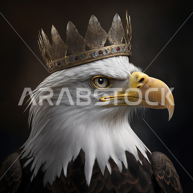 صوره مقربه لطائر النسر يرتدي تاج معدني,  ايماءات تدل على  الملك والقوه, طيور جارحه, لوحه فنيه للنسر حاد العين, طيور مفترسه, خلفيه سوداء