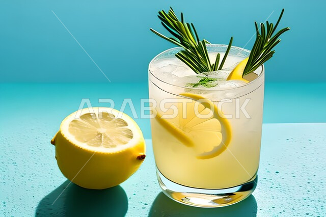 مشروبات صيفيه منعشه, صوره مقربه لعصير الليمون الطازج مع أوراق الروزماري, حمضيات مع أوراق الزعتر البري,  مشروبات وعصائر طبيعيه, كوكتيلات طازجه وبارده