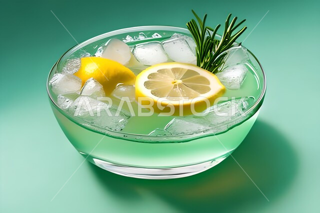 حمضيات مع أوراق الزعتر البري, صوره مقربه لعصير الليمون الطازج مع أوراق الروزماري, مشروبات وعصائر طبيعيه, كوكتيلات طازجه وبارده, مشروبات صيفيه منعشه