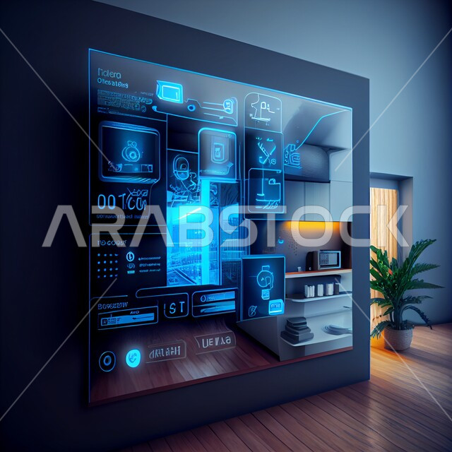 تصاميم عصرية حديثة لمنزل ذكي, شاشة الكترونية مع مجموعة من الايقونات الحديثة، استخدام الذكاء الاصطناعي في المنازل، تصاميم عصرية فاخرة، تكنولوجيا المستقبل