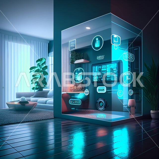استخدام الذكاء الاصطناعي في المنازل، تصاميم عصرية حديثة لمنزل ذكي، تصاميم عصرية فاخرة، شاشة الكترونية مع مجموعة من الايقونات الحديثة، تكنولوجيا المستقبل
