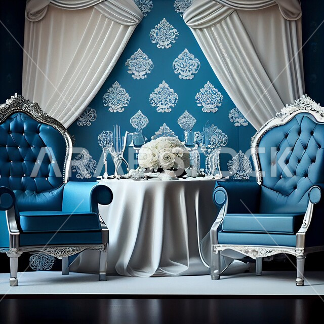 A display stand and wedding booths with luxurious designs, a wedding hall with attractive designs and decorations, flowers and roses in wedding and marriage halls, celebrations and happy occasions, a blue background