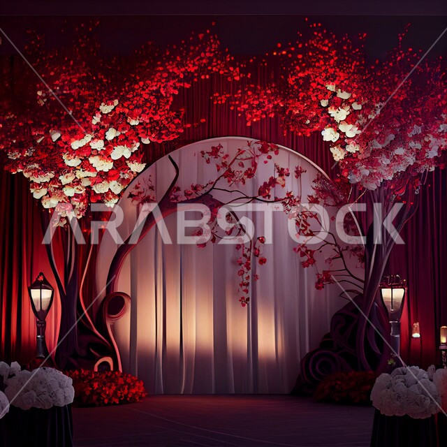 Wedding arrangements in the halls of celebrations and events, a platform for weddings and weddings, designs and decorations with flowers and roses, halls for marriages and happy occasions, backgrounds of decorative flowers