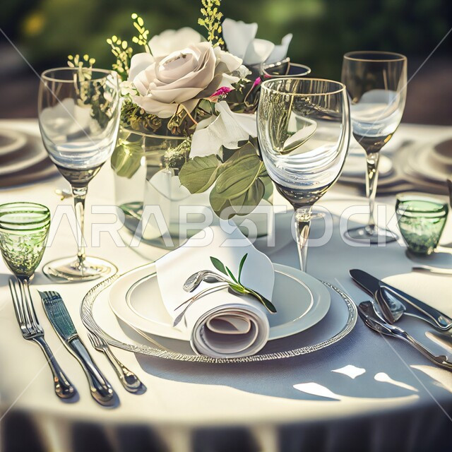 A close-up of the dining table in wedding and marriage halls, modern designs and decorations, decorative flowers and roses, a luxurious dining room in hotels and wedding halls.
