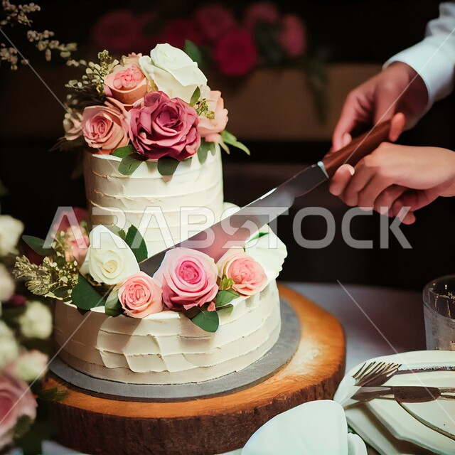 تقطيع قالب كيك بطبقتين مغطى بالكريمه البيضاء ، تزيين الكعك بزهور وورود ثلاثية الابعاد، حلويات فاخره للافراح والمناسبات السعيده، احتفالات وزواجات وأعراس