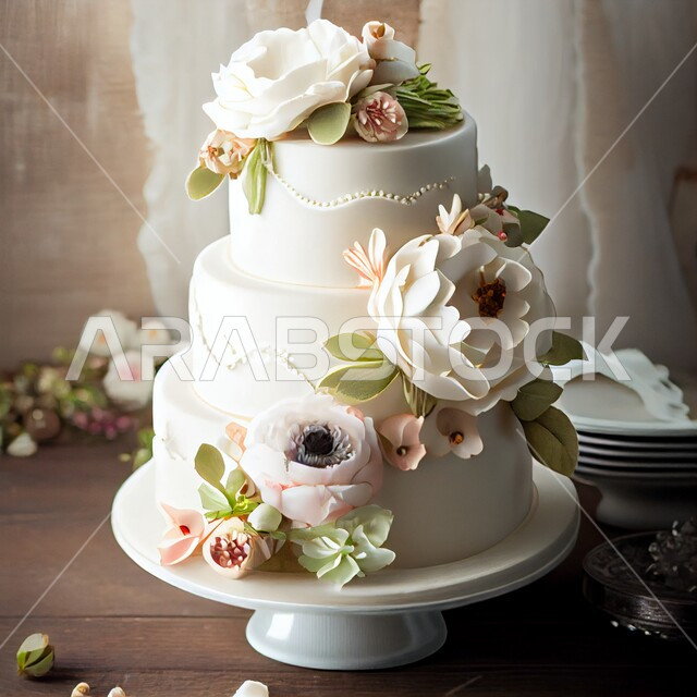 قالب كيك بثلاث طبقات مغطى بالكريمه البيضاء ، تزيين الكعك بزهور وورود ثلاثية الابعاد، حلويات فاخره للافراح والمناسبات السعيده، احتفالات وزواجات وأعراس