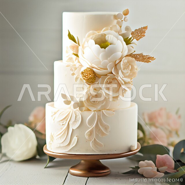 قالب كيك بثلاث طبقات مغطى بالكريمه البيضاء ، تزيين الكعك بزهور وورود ثلاثية الابعاد، حلويات فاخره للافراح والمناسبات السعيده، احتفالات وزواجات وأعراس