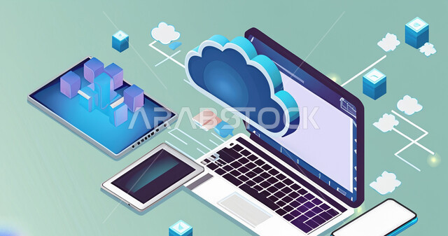  الاتصال وشبكات الانترنت, رسومات توضيحية ثلاثية الابعاد  لأجهزة الحاسوب المحمول ، تبادل المعلومات السحابي, مفهوم تكنولوجيا التخزين السحابي، تطور التقنيه وتكنولوجيا المعلومات