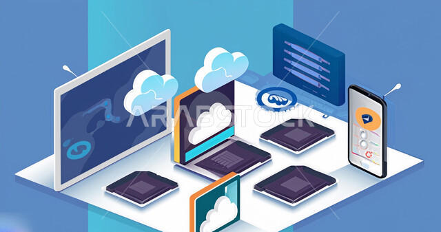 Cloud information exchange, 3D illustrations of laptops, concept of cloud storage technology, development of technology and information technology, communication and Internet networks