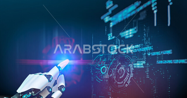A 3D model of a robot with high technology and technology, a smart robot that clicks on a holographic screen, the advancement of artificial intelligence, 3D hologram graphs, programming and updating of artificial intelligence technology, advanced robots, 