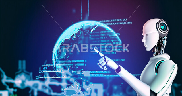 مجسم ثلاثي الابعاد لرجل آلي ذات تقنيه وتكنولوجيا عاليه, روبوت ذكي يقوم بالنقر على شاشه هولوجراميه, تقدم  الذكاء الاصطناعي, رسوم بيانيه هولوجراميه ثلاثية الابعاد, برمجة وتحديث تقنية الذكاء الاصطناعي, روبوتات متطوره, تكنولوجيا المستقبل, التحول الرقمي .