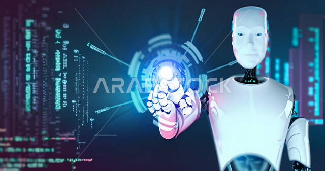 A 3D model of a robot with high technology and technology, a smart robot that clicks on a holographic screen, the advancement of artificial intelligence, 3D hologram graphs, programming and updating of artificial intelligence technology, advanced robots, 