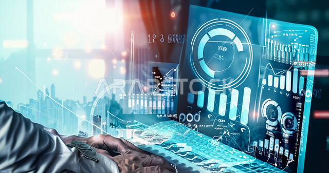 صوره مقربه لرجل يعمل على جهاز الحاسوب , رسوم بيانية احصائية للبورصة المالية بتقنية الهولوجرام ثلاثية الابعاد, تطوير الشركات والمشاريع الاقتصادية, متابعة الاسهم, الاستثمار المالي, التجارة الالكترونية .