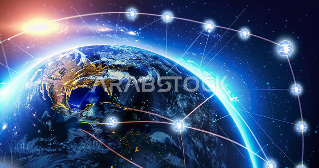 مجسم ثلاثي الابعاد للكره الارضيه ، خطوط هولوجراميه لشبكات الإتصال ,تطور التقنيه والتكنولوجيا حول العالم ،  مفهوم الانترنت العالمي, التحول الرقمي, خلفية الفضاء الخارجي
