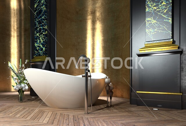 Luxurious bathroom inside one of the luxury villas, interior designs and decorations, modern architectural design, tourist residential apartments, bathroom in a modern house